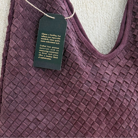 Woven Suede Leather Slouchy Hobo Shoulder Bag, Burgundy Red Purple - Picture 9 of 15